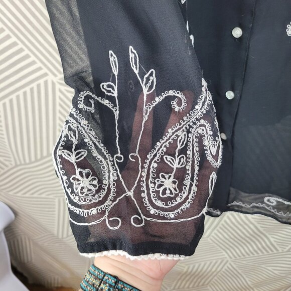 Anthony Tunic Top Plus 1X Lightweight Button Up Black Semi-sheer Embroidered - Picture 4 of 7